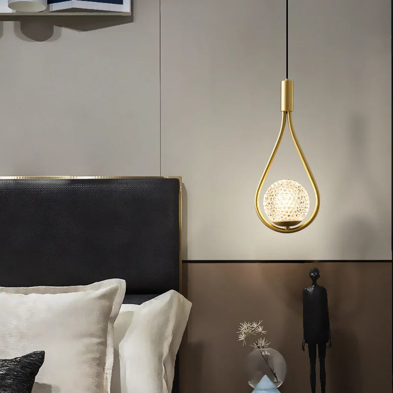 Axyaa Gold lron LED Pendant Lamp with Glass Ball Water Drops for Bedroom Lighting