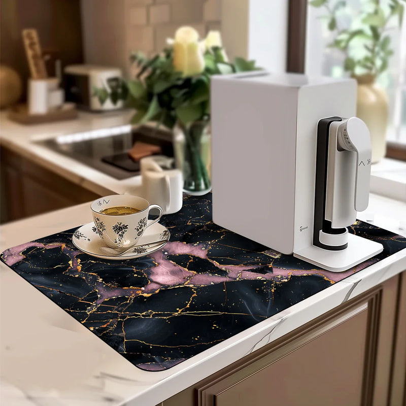 Axyaa Black Marble Kitchen Draining Mat - Absorbent & Anti-slip
