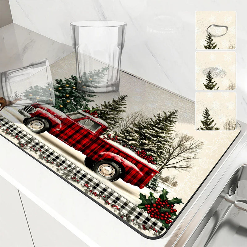 Axyaa Coffee Mat: Christmas Absorbent Draining Mat with Rubber Backing