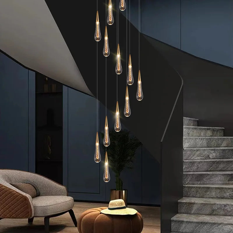 Axyaa Water Drop LED Chandelier for Revolving Stair Lighting in Luxury Villa