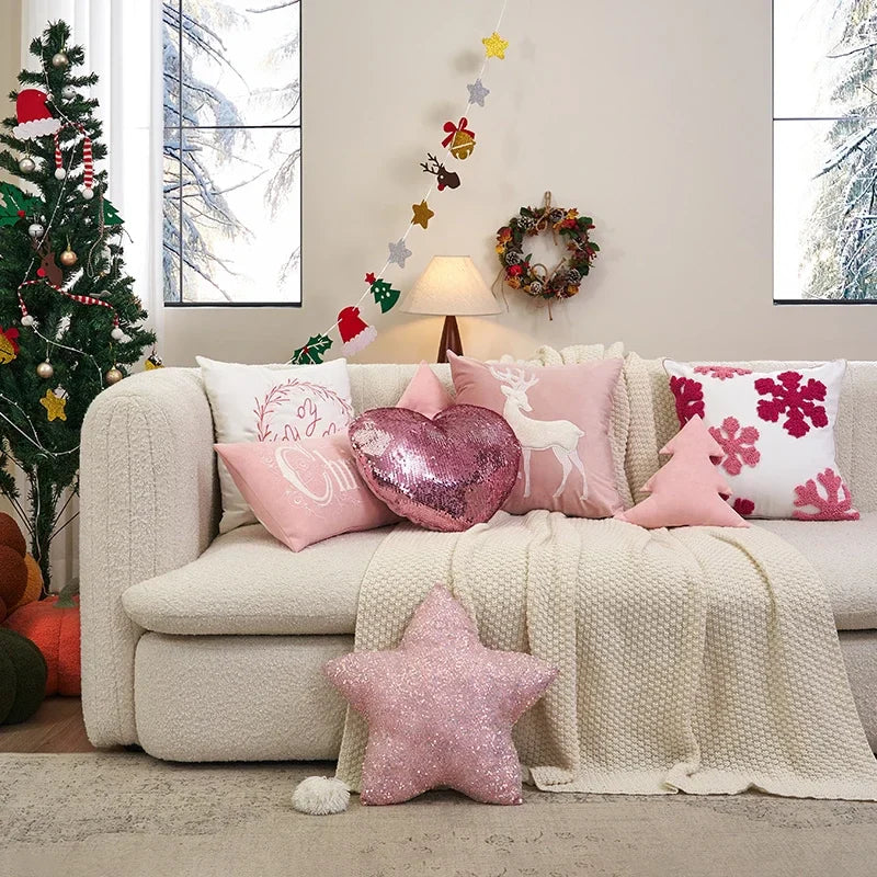 Axyaa Tufted Embroidered Christmas Cushion Cover Deer Candy Cane Gold Beige