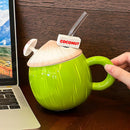 Axyaa Coconut Coffee Cup: Cute Kawaii Ceramic Mug With Lid, 130ml