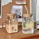 Axyaa Square Glass Mug with Bamboo Lid and Bent Glass Straw, 620ml
