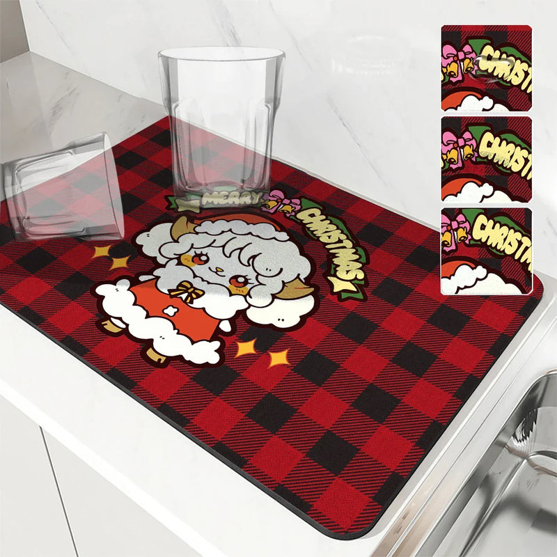 Axyaa Christmas Coffee Drying Mat Set - Absorbent Placemats for Table Cup Drying