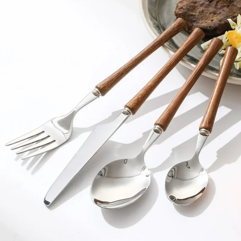 Axyaa Stainless Steel Cutlery Set with Wooden Handles