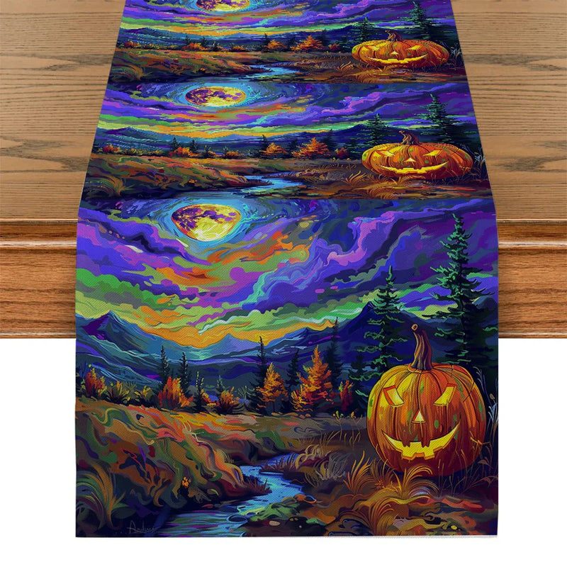 Axyaa Forest Moon Mountain Table Runner: Halloween Party Dining Centerpiece