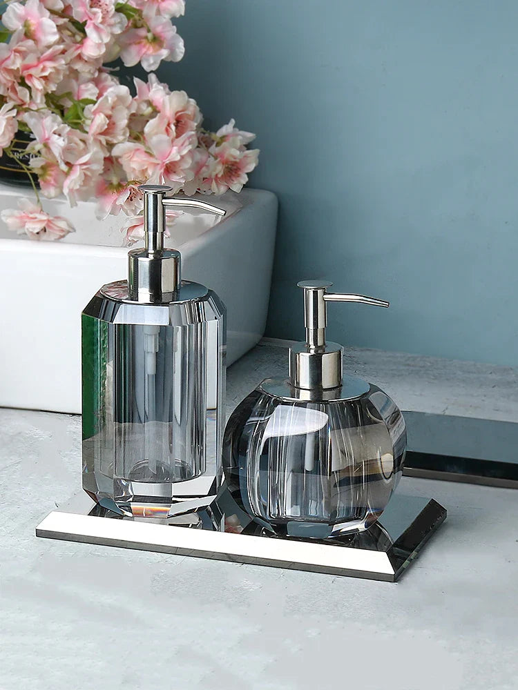 Axya Clear Crystal Bathroom Set with Tray, Soap Dispenser, & Accessories Organizer