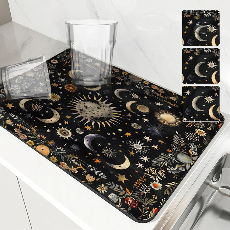 Axyaa Moonlit Flowers Draining Mat: Absorbent, Antiskid, Quick Dry and Super Draining