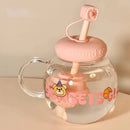 Cute Bear Glass Cup Aesthetic Tumbler With Lid and Straw for Coffee Tea Juice - Axyaa