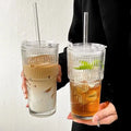 Axyaa Striped Glass Cup with Lid and Straw - 600ml Drinkware