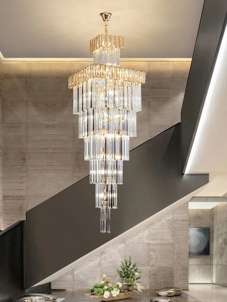 Axyaa Crystal Chandelier: Villa Luxury LED Spiral Staircase Pendant Light