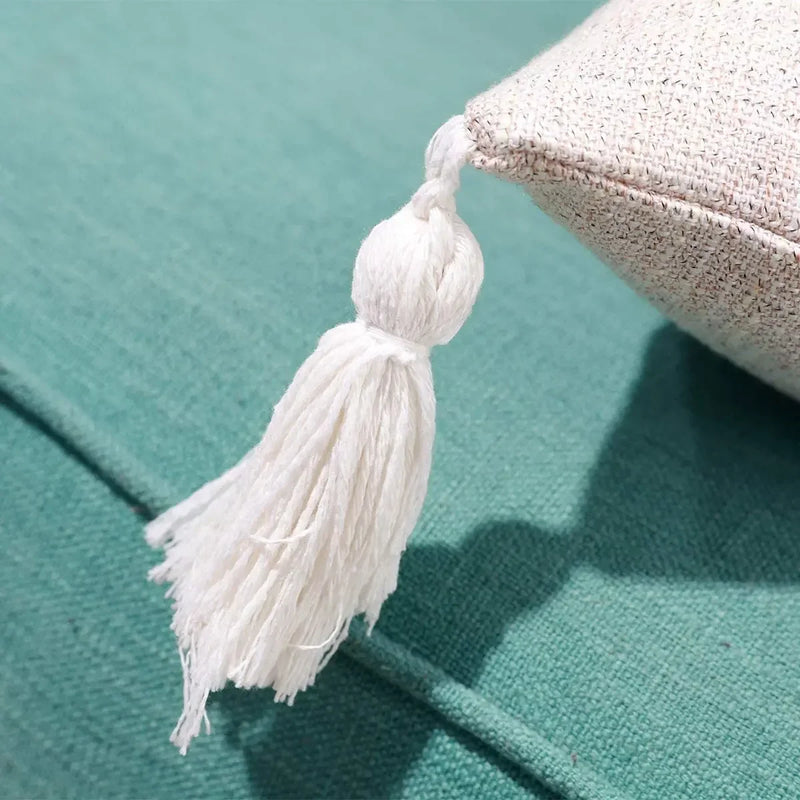 Axyaa White Linen Tassel Pillowcase for Farmhouse Living Room