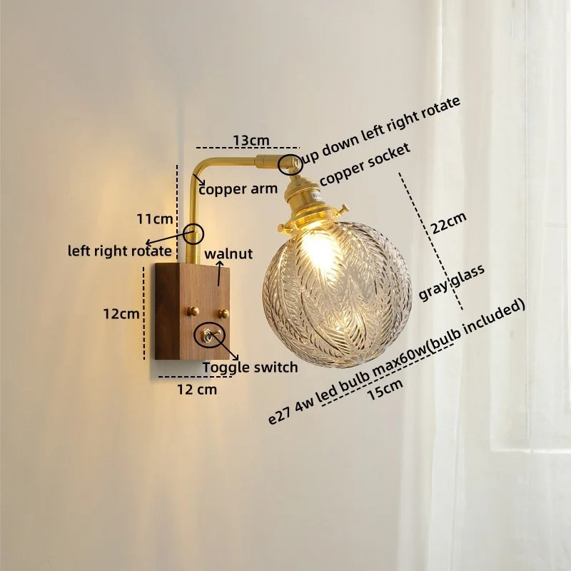 Axyaa Glass Copper LED Wall Lights Modern Bedside Lamp for Home Decor