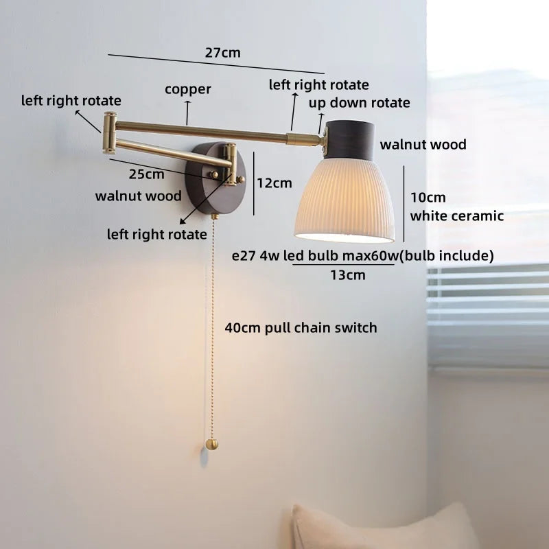 Axyaa Ceramic LED Wall Lamp, Swing Arm Rotate White Interior Light