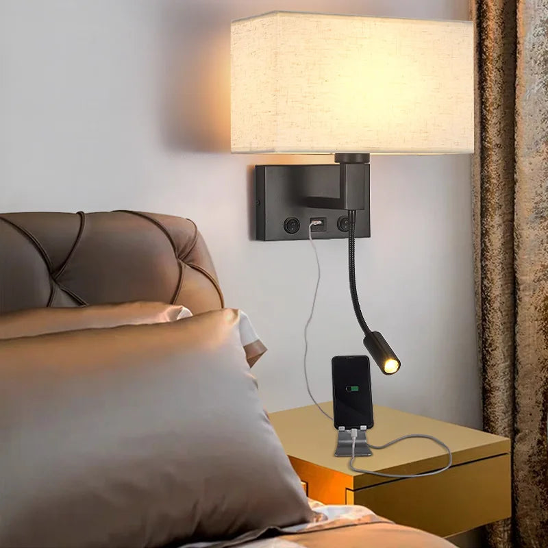 Axyaa Bedside Wall Lamp with USB Port and Cloth Lampshade