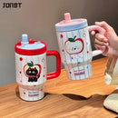 Axyaa Cartoon Cute Thermal Water Bottle Insulated Ceramic Cup with Handle & Double Straw