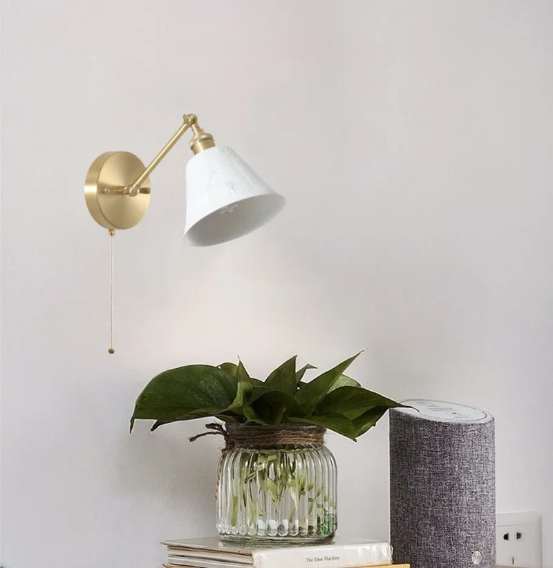 Axyaa White Ceramic LED Wall Sconce Lamp, Nordic Copper Minimalism for Living Room, Bedroom