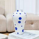 Axyaa Blue Geometric Quilted Ceramic Vase with Polka Dots Pattern for Home Decoration