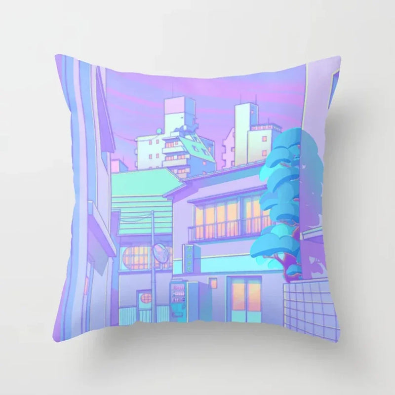 Pink Anime City Print Polyester Pillowcase 45x45cm for Bedroom Living Room by Axyaa.