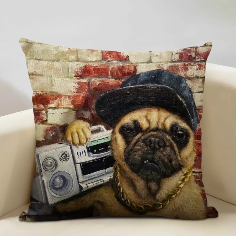 Axyaa Bullfighting Dog Cushion Cover - 45x45cm Linen Pillowcase for Home Decor