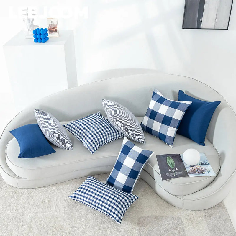Axyaa Checkered Stripe Pillowcase Blue Series 45x45cm Home Office Decor