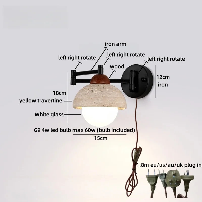 Axyaa Wabi Sabi LED Wall Lamp Sconce Black Iron Arm Yellow Travertine Stair Light