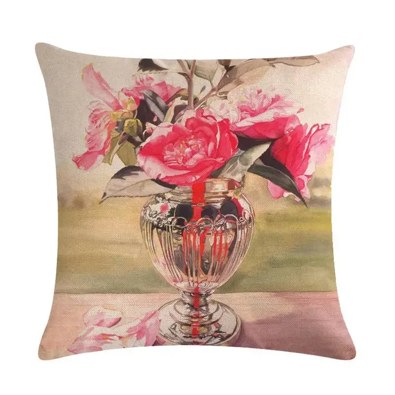 Axyaa Bouquet Cushion Cover 45*45cm - Stylish Art Flowers Flax Pillow