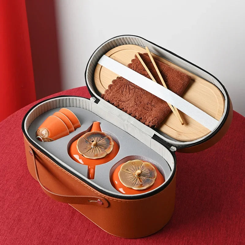 Axya Ceramic Persimmon Tea Set with Travel Bag and Tray