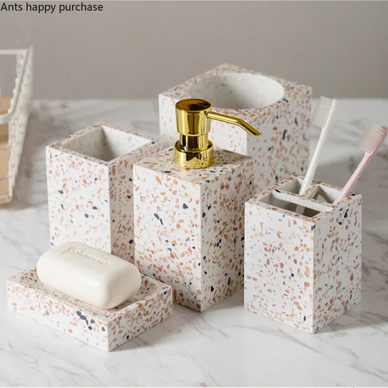 Axya Bathroom Set: 5-Piece Resin Decor Wash Set with Toothbrush Holder and Soap Dish