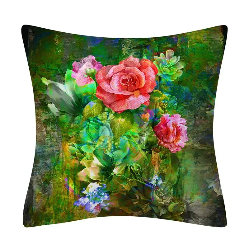 Retro Floral Linen Pillow Cover Abstract Art Decor for Living Room Sofa by Axyaa