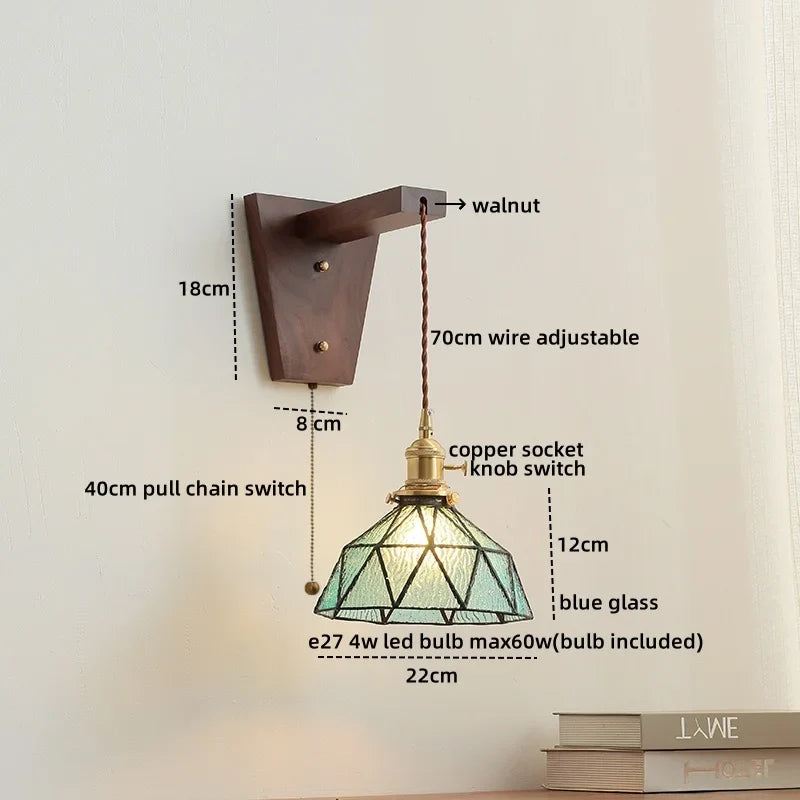 Axyaa Nordic Glass Walnut LED Wall Lights with Pull Chain Switch for Bedroom