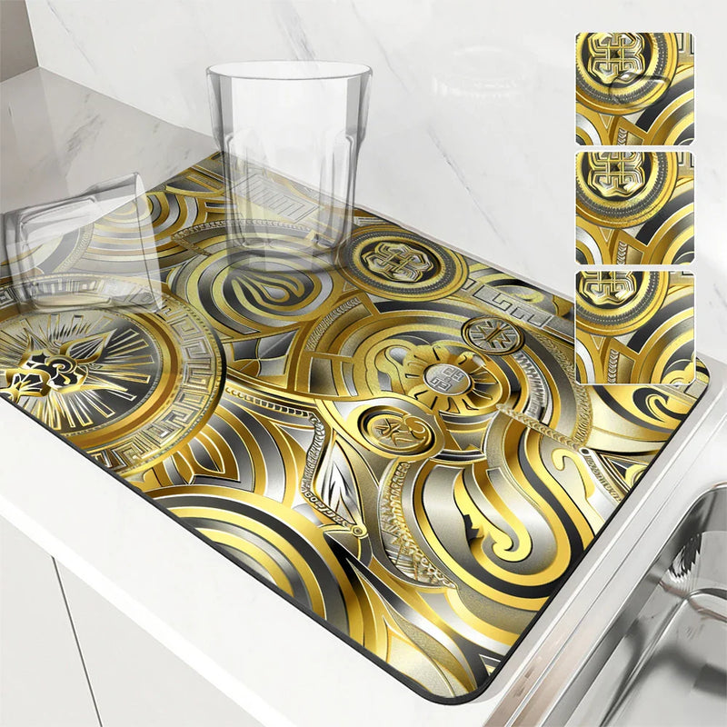 Axyaa Metallic Pattern Coffee Mat: Quick Kitchen Drying Mat for Draining Dishes & Utensils