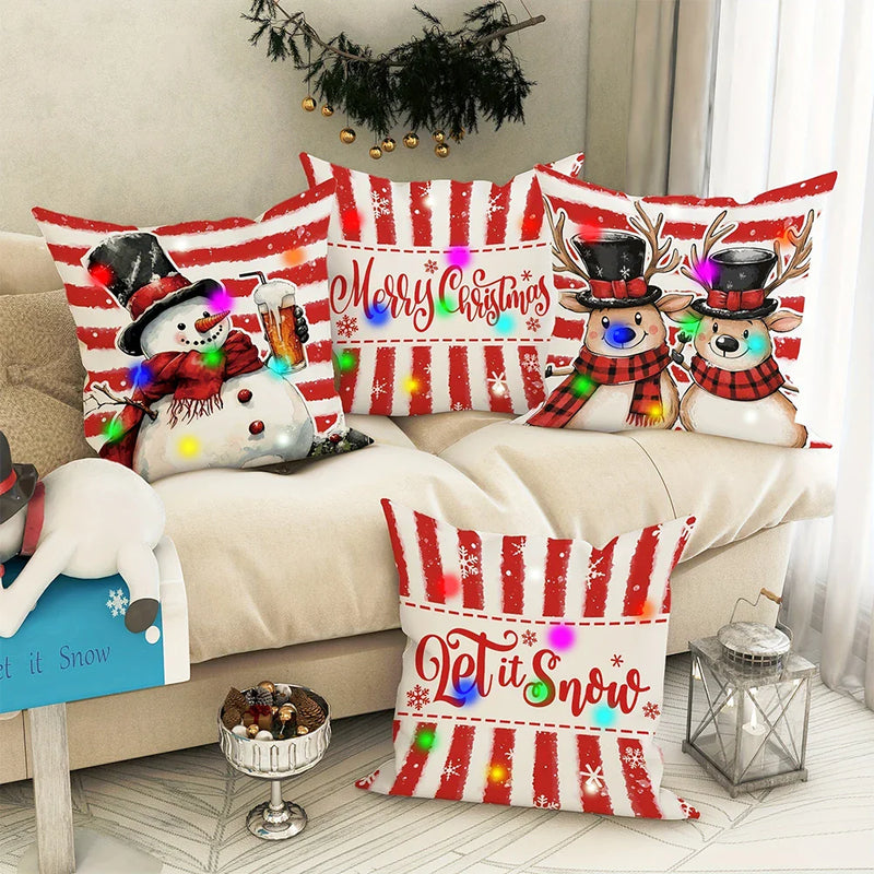 Axyaa Christmas Snowman LED Light Pillowcase - Red Striped Design