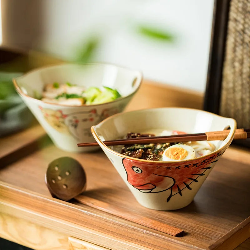 Axya Ramen Bowl with Holes Cat Ceramic Large Speaker and Bamboo Hat, Tableware