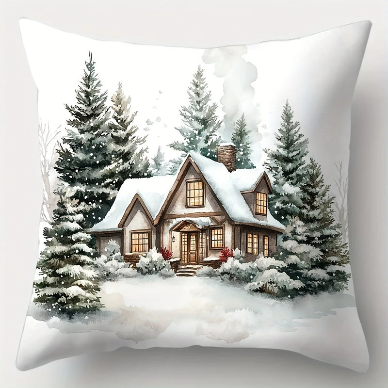 Axyaa Winter Snow Hut Pillow Cover, Festive Christmas Sofa Cushion Home Decor