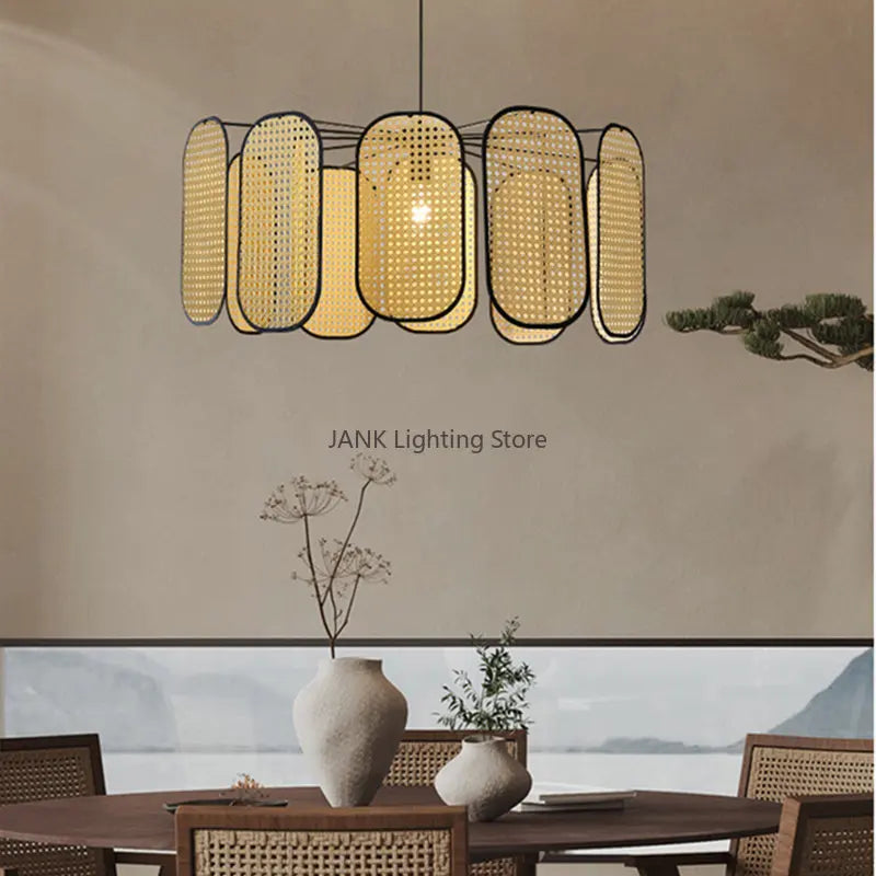 Axyaa Bamboo Core Rattan LED Chandelier for Bedroom, Restaurant, Study Area