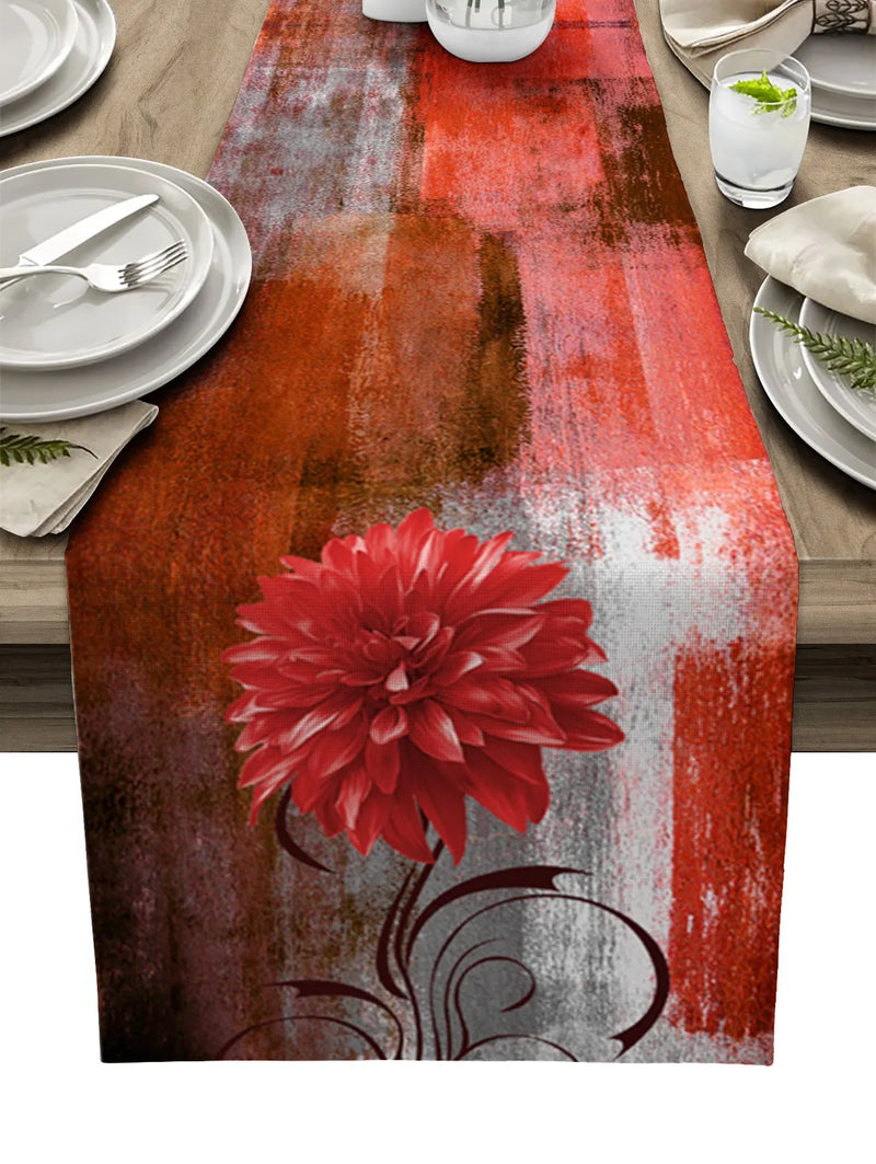 Axyaa Blue Dahlia Oil Painting Table Runner - Home Dinner Table Decor
