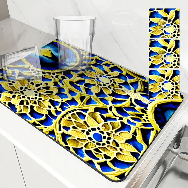 Axyaa Watercolor Kitchen Draining Mat - Large, Anti-slip, Quick Dry, Absorbent Drain Pad