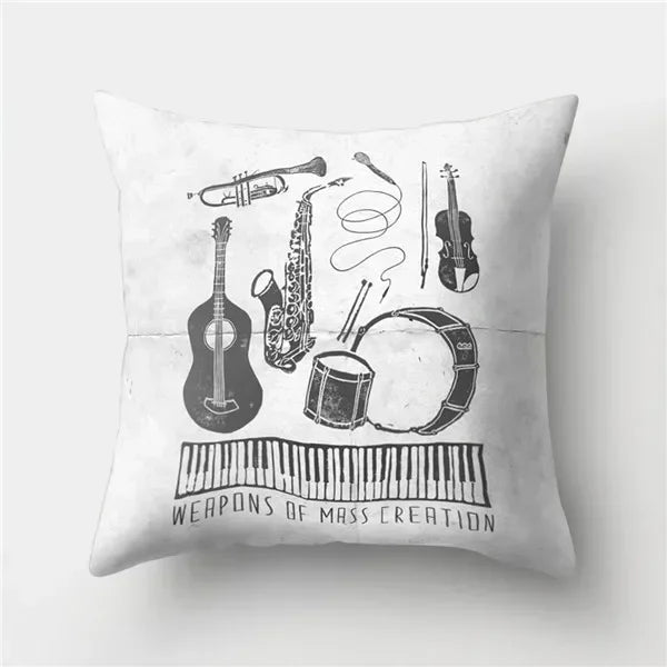 Axyaa Retro Cityscape Gramophone Guitar Drum Camera Print Cushion Cover