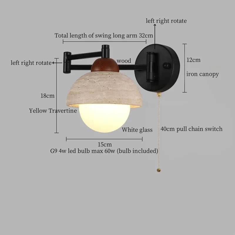 Axyaa Nordic Minimalism LED Wall Light Yellow Travertine Swing Arm Pull Chain Switch