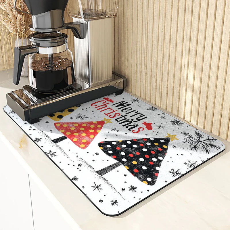 Axyaa Christmas Tree Coffee Cup Drying Mat: Non-slip Absorbent Mat for Kitchen Counter & Coffee Bar