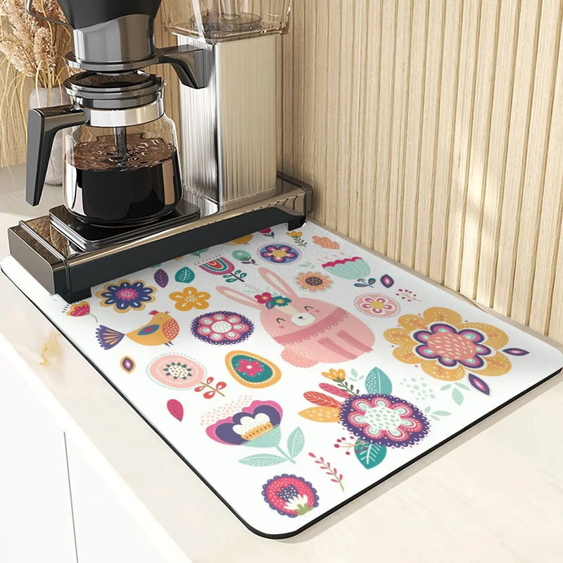 Axyaa Easter Rabbit Print Placemats & Coasters: Absorbent Kitchen Mats & Home Decor