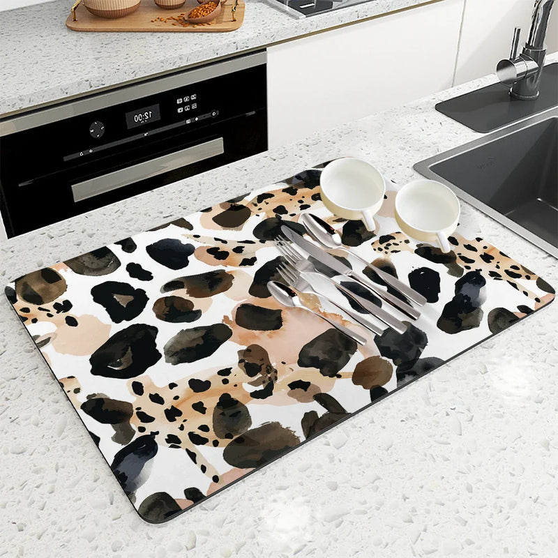 Axyaa Diatom Mud Kitchen Drain Pads: Leopard Geometric Absorbent Tableware Mat