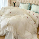 Axyaa Romantic Lace Gauze Bedding Set: Queen Size, Elegant Princess Style, Embroidered Duvet Cover, Ruffled Quilt Cover