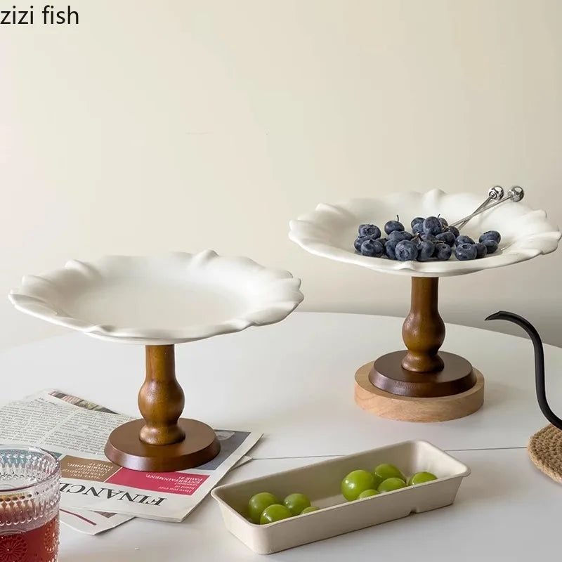 Axya Ceramic Fruit Plate Creative Wood High Foot Snack Display Plate