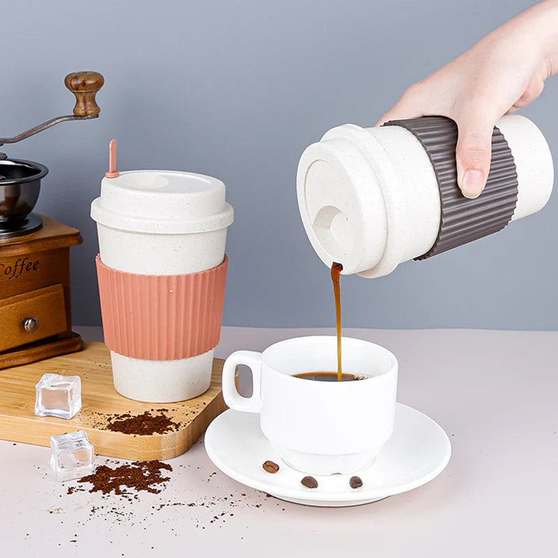 Axyaa Reusable Wheat Straw Coffee Cup With Lid 450ml - Portable & Dishwasher Safe
