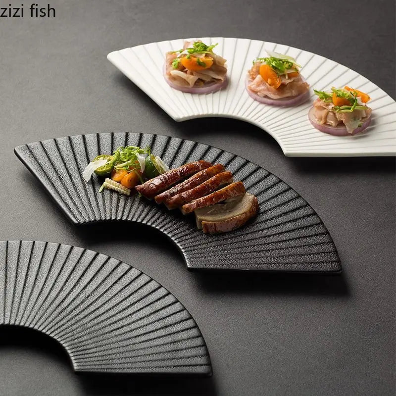 Axya Ceramic Fan-Shaped Sushi Plate Set - Striped Creative Dining Tableware