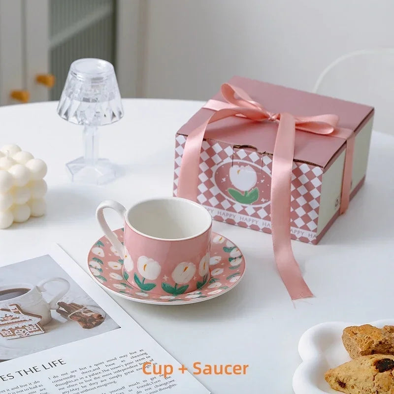 Axyaa Tulip Pattern Ceramic Cup and Saucer Set - Ideal for Tea, Coffee, and Desserts