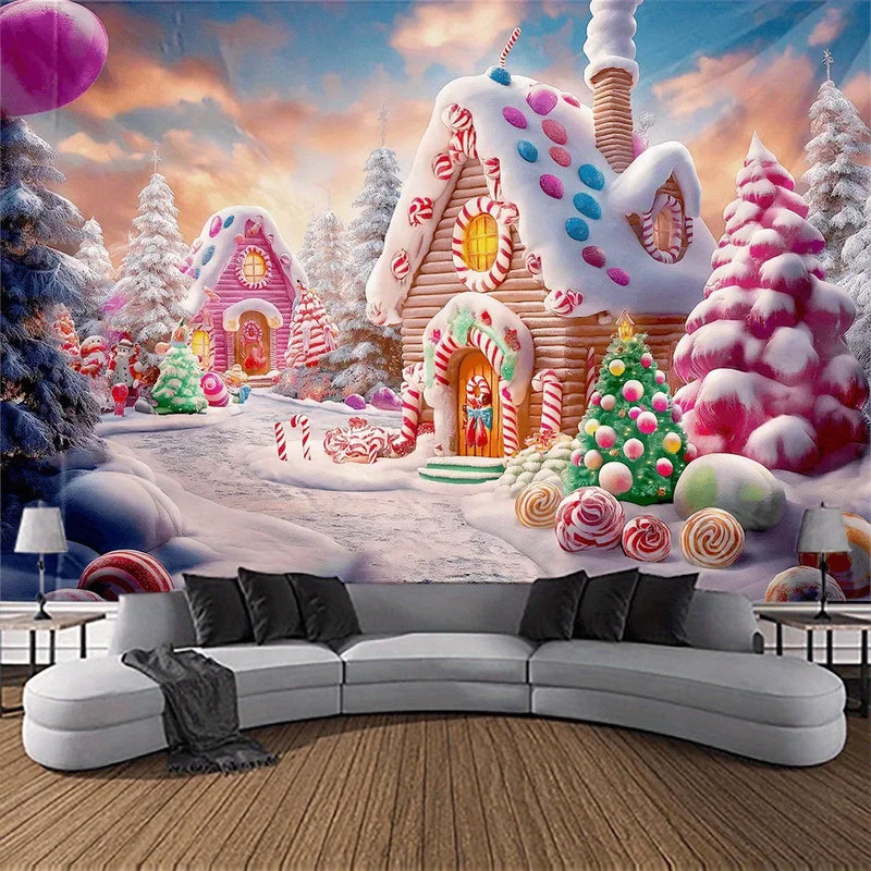 Axyaa Christmas Candy House Tree Wall Tapestry for Home and Outdoor Parties
