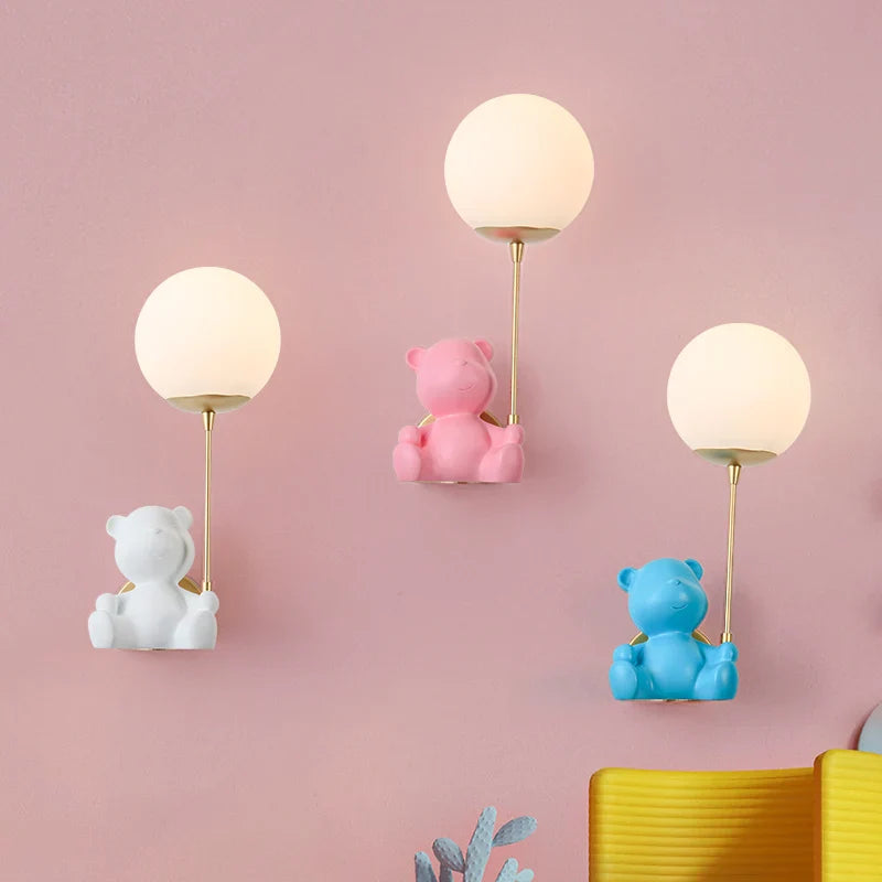 Axyaa Bear Wall Lamps | Glass Lampshade Pull Line Switch | Kids Bedroom Nursery Bedside Lamp